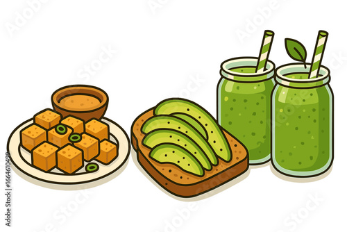 Healthy vegan meal set. Avocado toast, fried tofu with sauce, green smoothie in glass jars. Plant-based diet concept. Vector cartoon illustration for nutrition menu design.