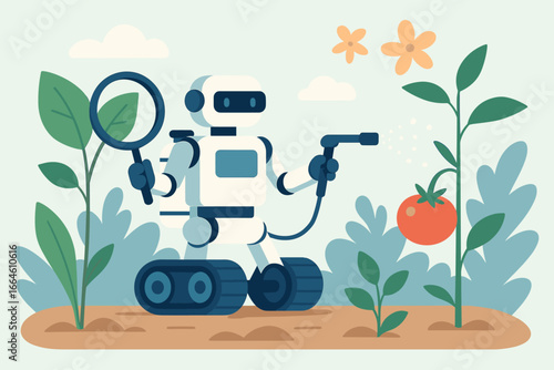 Smart robotics in agriculture. AI robot analyzes leaves, sprays fertilizer on vegetables. Agritech for automated farming, pollination, and pest control. Vector illustration.