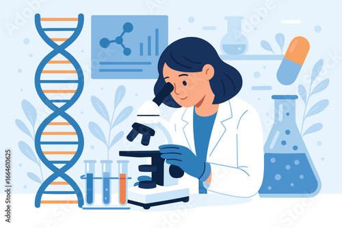 Genetic research and biotech science concept. Scientist in a laboratory with microscope. Human biology, dna analysis, and pharmaceutical technology. Medical discovery vector.