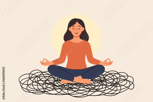 Stress management concept for anxiety relief. Woman meditates in lotus pose to control emotion and find inner peace. Untangling mental chaos, work frustration, and problems.