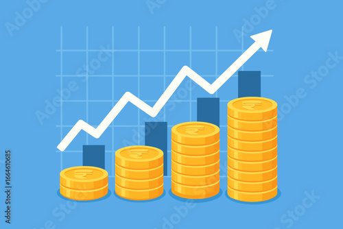 Financial growth concept with Indian Rupee coin stacks and graph. Business investment, stock market chart increase. Economic progress, profit and revenue symbol. Vector.