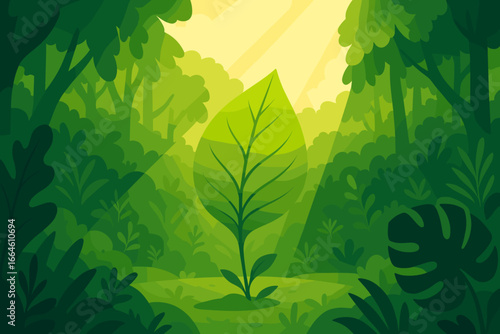 Green leaf in a lush tropical forest. Reduce CO2 emission concept for a clean, friendly environment. Carbon neutral, ecology, fresh air and sustainability vector background.