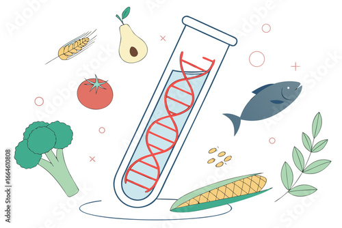 Flat vector illustration of DNA helix in test tube with food and crops concept