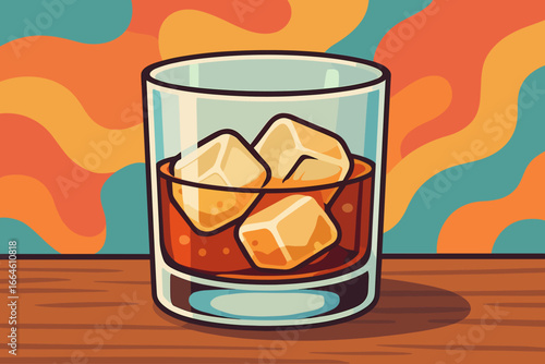 Whiskey on the rocks vector illustration. Glass of bourbon with ice cubes on a wooden table. Modern flat cartoon style with colorful retro background for bar menu or party.