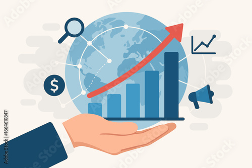 Hand holding digital marketing growth graph. Business planning, financial research in global network. Success strategy solution for data analytics, investment, and economy.