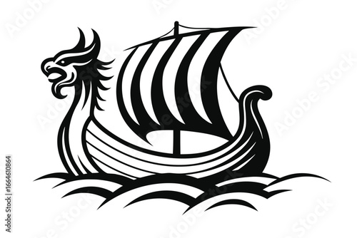 Black Viking Ship with Dragon Head and Sails, Abstract Waves on White Background