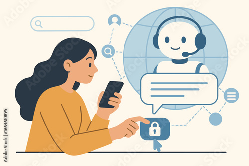 Woman using digital chatbot on smartphone for data access and online customer service. AI robot assistant providing global network connection and secure information search.