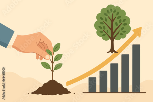 Business growth and success concept with hand planting a sapling. Metaphor for investment, development, profit, and financial progress. Arrow bar graph shows upward trend.