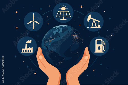 Hands holding Earth at night with energy resources icon set. Renewable green power, solar, wind vs fossil fuel, oil, gas, industry. Global ecology vector concept.
