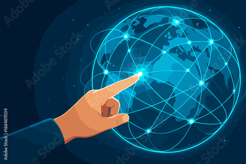 Hand touching a global data network on a world map. Fastest internet connection, digital technology, AI, big data transfer, innovation and worldwide communication concept.