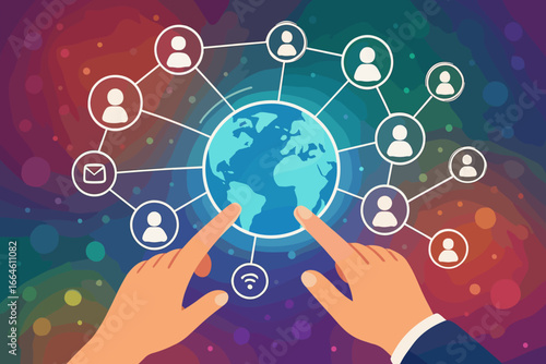 Hands touching a digital globe, concept of global connection, customer networking, and data exchange. Worldwide communication, internet technology, and social media business.