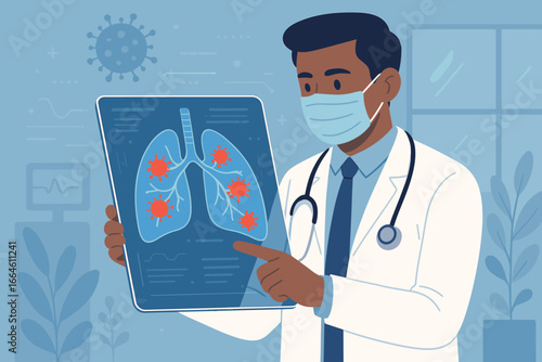 Doctor holding a tablet and diagnosing virtual human lungs with coronavirus spread inside. Modern medical interface screen. Healthcare, Covid-19, and medicine concept illustration.