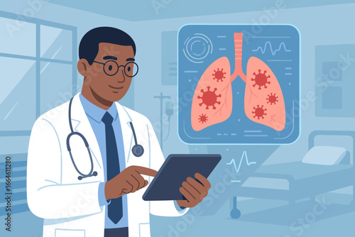 Doctor with tablet diagnoses virtual lungs with coronavirus. Modern medical interface screen. Healthcare, medicine, technology concept for covid-19, pneumonia, respiratory disease.