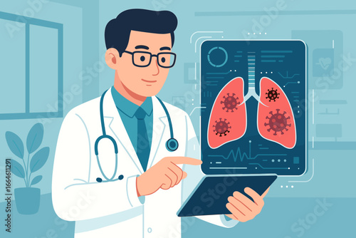 Healthcare and medicine concept with a doctor holding a tablet, diagnosing virtual human lungs with coronavirus spread inside on a modern interface screen at a hospital.