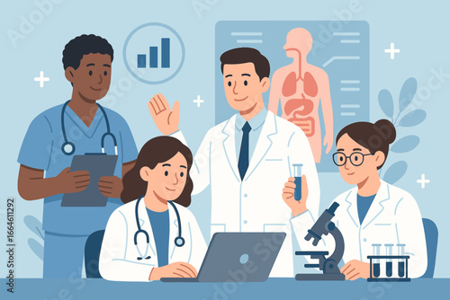 Healthcare and medical doctor with professional team. Physician, nursing assistant, and scientists in laboratory research and development. Medical technology service.