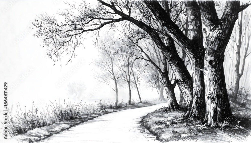 Fototapeta A grayscale drawing of a pathway lined with trees