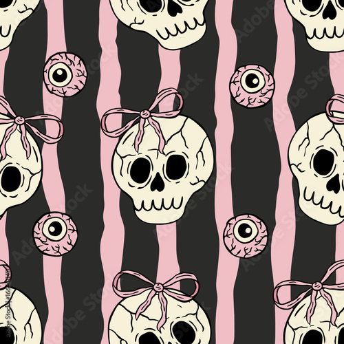 Retro Halloween Coquette Seamless Pattern Vector Background  Skull Eyeball Eye Ribbon,  Striped Wallpaper