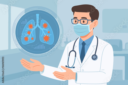 Doctor diagnosing coronavirus in human lungs on a virtual interface. Healthcare technology concept for COVID-19 pneumonia analysis, respiratory disease, and medical innovation.