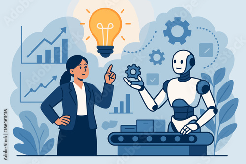 Innovation and robotic technology concept. Businesswoman works with AI robot on an assembly line. Collaboration for automation, efficiency, and business growth. Vector.