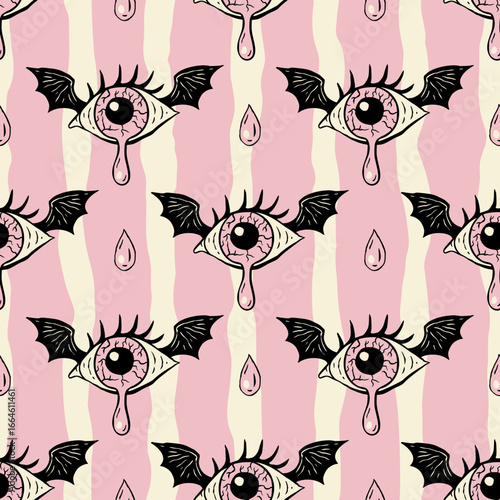 Retro Halloween Monster Eye Seamless Pattern Vector Background Vintage With Crying Eyeball And Bat Wing