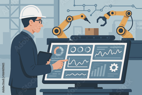 Industrial engineer using a modern dashboard to control automation robot arms in a smart factory. Real-time monitoring system software for manufacturing and production line.