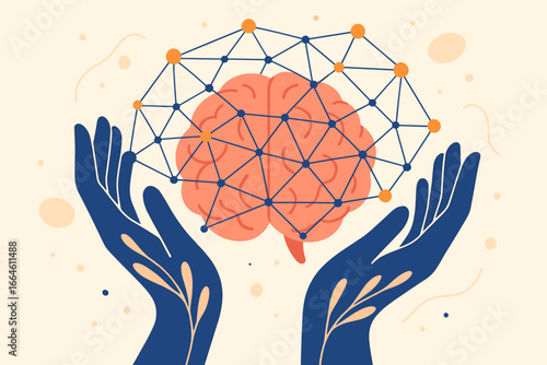 Mental health and psychology concept. Hands holding a human brain with a neural network. Mind care, neuroscience, awareness, and emotional intelligence vector illustration.