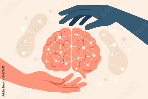 Mental health and psychology concept with hands protecting the brain. Illustration for wellness, emotional support, therapy, neuroscience, awareness, and mental disease treatment.