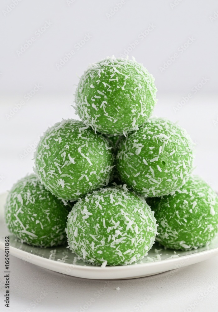 Fototapeta premium Indonesian klepon rice balls with coconut, isolated on white background, clean dessert stock photo for culinary projects.