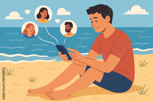 Man using smartphone on the beach for social media. Concept of online communication, long distance relationship, network, friendship. Young person relax on summer vacation.