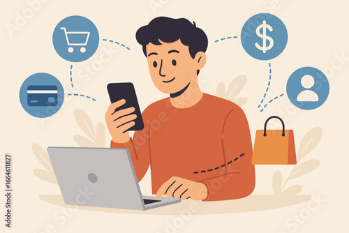Online shopping concept with man using phone for mobile payment. E-commerce, digital transaction, internet banking. Customer with laptop, icons for cart, credit card, money. Vector.