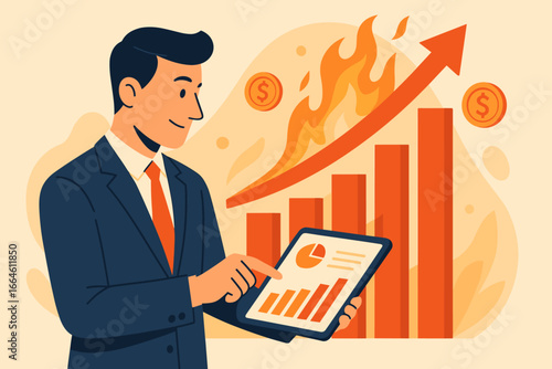 Businessman analyzing sales data on tablet for hot business growth. Concept of financial strategy, economic success, digital marketing, and investment with graph and chart.