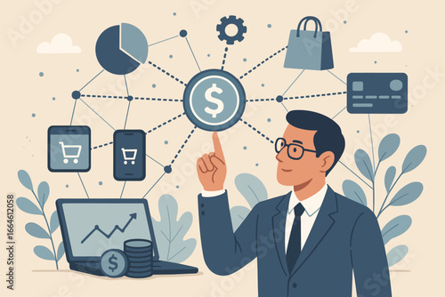 Fintech ecosystem concept with businessman managing finance network. E-commerce, mobile banking, investment, online payment, data analysis. Financial technology vector.