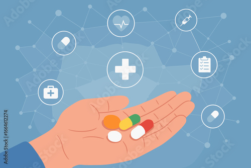 Medicine and healthcare concept. Hand holding pills with medical icon network connection. Modern virtual interface for telemedicine, online pharmacy, and health insurance vector.