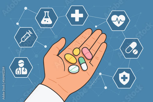 Hand holding drugs, tablets, and pills with medical network icons. Healthcare, pharmaceutics, and modern virtual interface concept. Health insurance and technology vector.