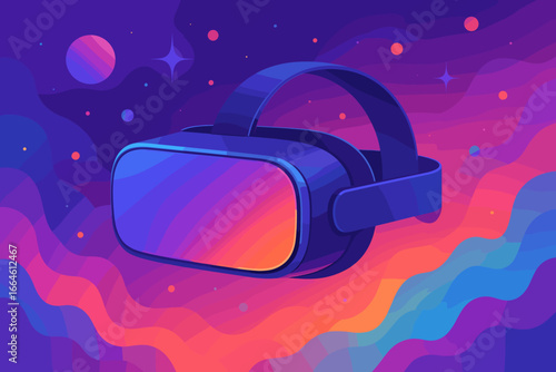 VR virtual reality headset in the metaverse. Futuristic technology concept for immersive simulation and gaming. Digital world visualization on a colorful abstract background.