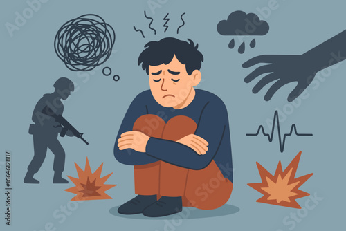 PTSD mental health concept illustration. Post traumatic stress disorder, anxiety, trauma, stress, soldier and emotional distress, flat vector cartoon design