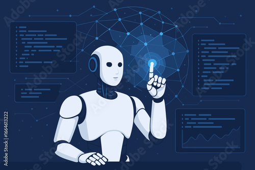 Futuristic Smart AI Robot Programmer Touching Internet Network, Analyzing Software Coding and Data Science, Deep Learning and Robot Engineering Technology Concept