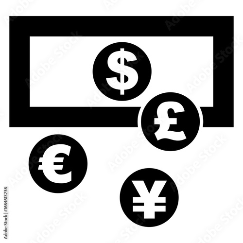 Icono cambio de moneda con símbolos de dólar, yen, euro y libra esterlina 