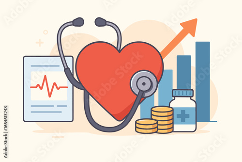 Healthcare business investment and medical cost concept. Cardiology check up with stethoscope on red heart. EKG heartbeat report, graph growth and medicine expenses.