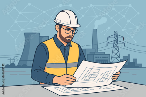 Professional industrial engineer examining blueprints and analyzing power plant station project with network connection and technology background