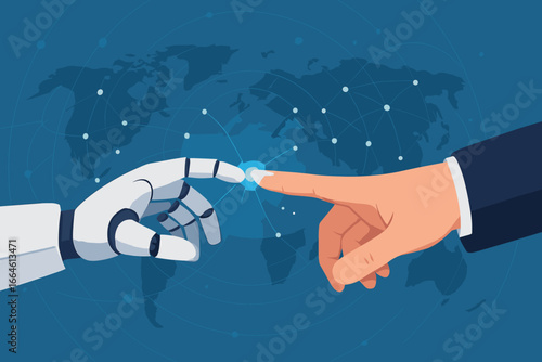 Futuristic connection between robot hand and human finger on global virtual network, artificial intelligence technology concept, modern flat vector cartoon illustration