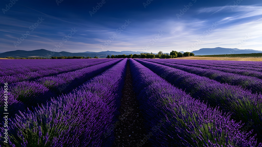 Obraz premium A tranquil landscape of lavender fields under a blue sky, evoking feelings of peace, relaxation, and calm.