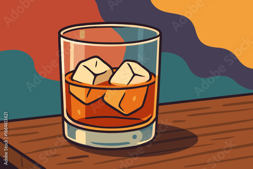 Whiskey bourbon glass with ice cubes on wooden table, colorful abstract background, modern flat cartoon style vector illustration for bar, drink, nightlife, luxury
