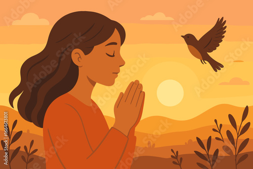 Woman praying in nature at sunset with free bird flying, hope and spirituality concept, peaceful meditation, serenity, calm landscape, modern flat vector illustration