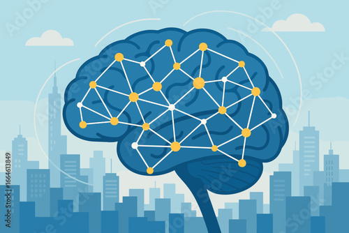 Smart intellectual communication abstract brain with network connections, technology nodes, and digital neural links on modern cityscape background, futuristic networking concept vector illustration