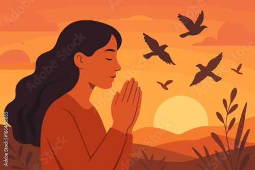 Woman peacefully praying with hands together, free birds flying in sunset sky, serene nature landscape, spiritual mindfulness, calm meditation moment, modern vector illustration