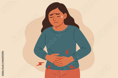 Woman Touching Stomach in Pain, Suffering from Menstrual Cramps, Stomachache, Gastric Ulcer, Appendicitis, and Gastrointestinal Disorders, Healthcare Concept Illustration