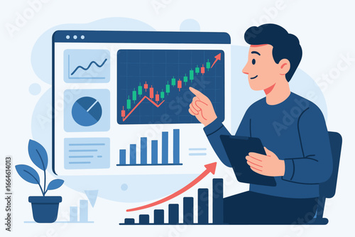 Stock market finance analysis with trading graph, volume indicators, economic growth chart, investment strategy, business analytics, financial data visualization