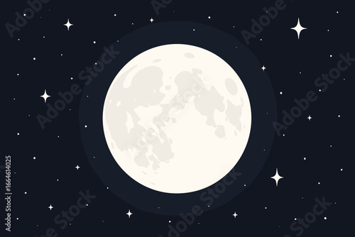 White full moon vector illustration with stars on a dark night sky background. Modern flat cartoon style. Celestial space scene with lunar craters and cosmic atmosphere.