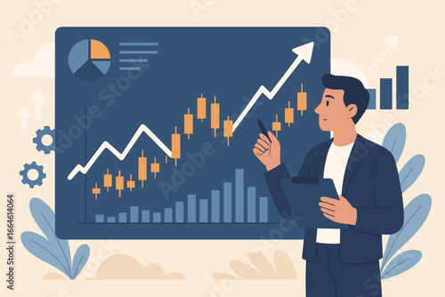 Stock market finance analysis with trading graph, candlestick chart, volume bars, economic growth arrow, business investment strategy, data analytics concept